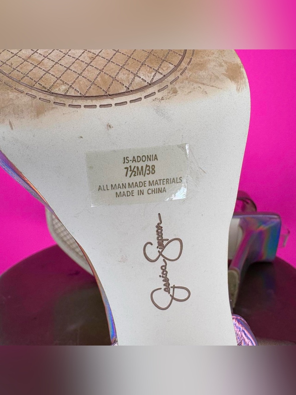Jessica Simpson Adonia Iridescent Pink Square Toe High Heel Sandal US 7.5 UK 5 - Picture 6 of 6